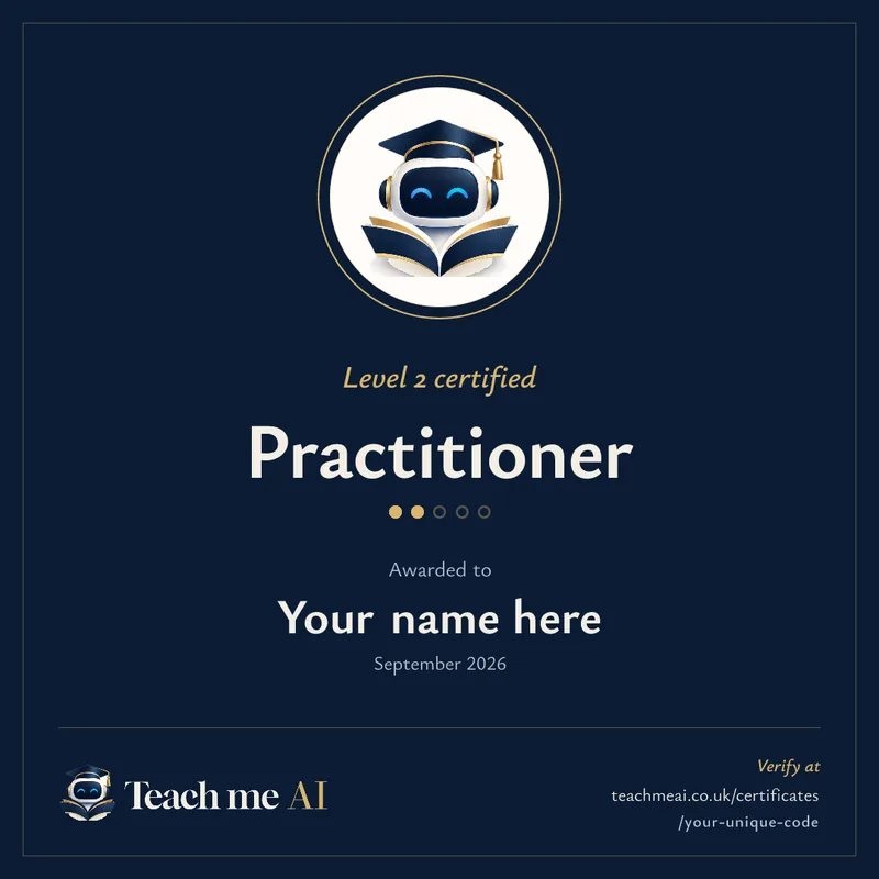 A sample Level 2 Practitioner badge from Teach me AI